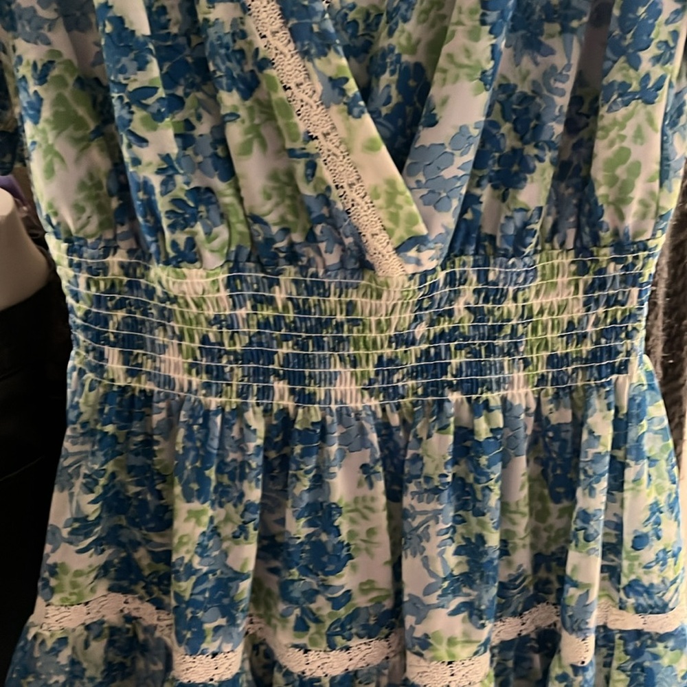 Taylor Blue Wrap Sundress with Puff Sleeves - Picture 3 of 5